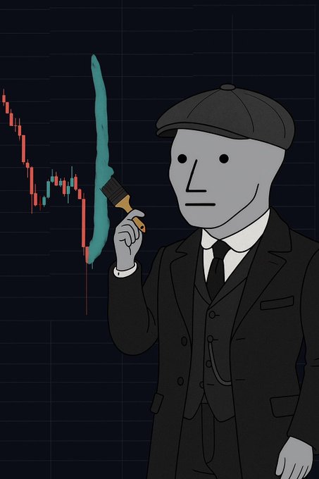 A faceless figure in a flat cap and suit holds a paintbrush over a candlestick chart, appearing to "paint" a massive green candle upward after a red downtrend, symbolizing hopes for a sudden rally to all-time highs (ATH). The whimsical illustration reflects the post's optimistic joke about NPC's price defying expectations and skyrocketing to new highs.