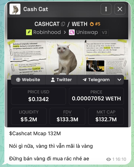 A cryptocurrency tracking app shows data for 'Cash Cat' (CASHCAT/WETH #5) with a price of $0.1342 and a market cap of $132.7M, accompanied by Vietnamese commentary about gold investments.