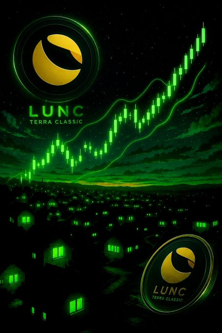 The image features a glowing green and black cityscape under a night sky, with rising green candlestick charts and the "LUNC (Terra Classic)" logo prominently displayed in both the upper left and lower right corners. It visually reinforces the post's teaser about an upcoming bullish event for $LUNC, suggesting significant price movement ahead.