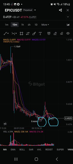 A Bitget perpetual futures chart for the $EPIC/USDT pair shows a dramatic price decline from a high of $1.2185 down to $0.4929 (down 47.51%), with two highlighted cyan-circled formations at the bottom of the chart that illustrate the "double bottom pattern" referenced in the post, suggesting a potential reversal signal after the steep downtrend.