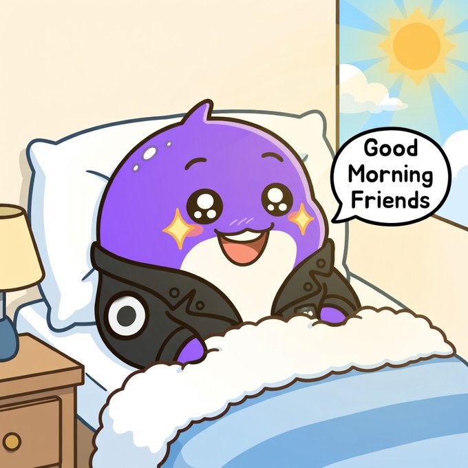 A cute cartoon purple mascot character in bed under a blanket with a speech bubble saying 'Good Morning Friends', with a smiling sun shining through the window.