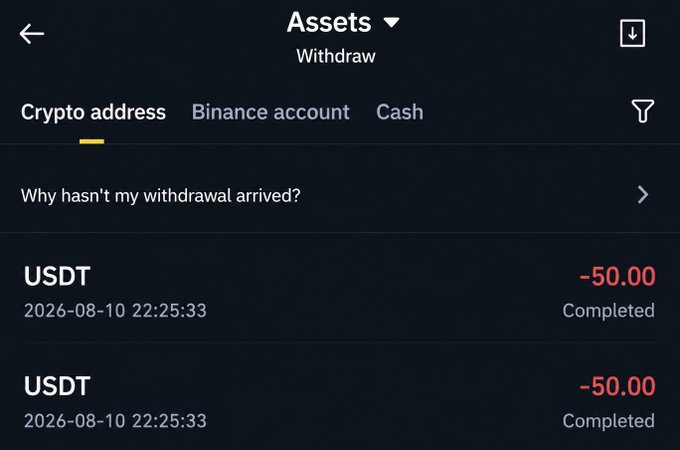 A cryptocurrency withdrawal screen showing an 'Assets' page with two completed USDT withdrawals of -50.00 each dated 2026-08-10, and tabs for 'Crypto address,' 'Binance account,' and 'Cash.'