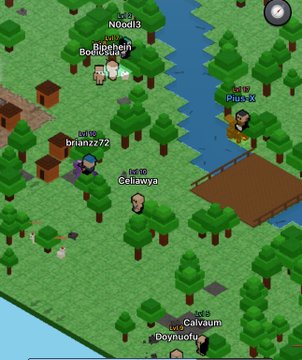 A pixel art video game scene shows characters with usernames like 'brianz272', 'NOOd13', 'Bodhiapneh', and 'Doyoufu' gathered in a forested area with cabins and a river.