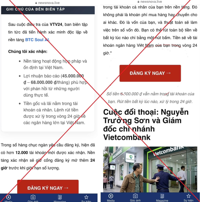 A red X-marked warning graphic in Vietnamese from newsnova.live cautioning against the "BTC Soul AI" platform, claiming daily earnings of 45,000,000 - 68,000,000 VND and showing screenshots with "ĐĂNG KÝ NGAY" buttons and a Vietcombank photo.