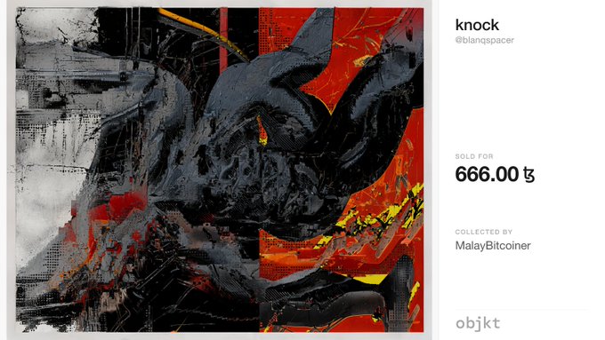 An abstract digital artwork titled 'knock' by @blangspacer, featuring black, red, and orange textures, sold for 666.00 tez, collected by MalayBitcoiner, displayed on objkt.