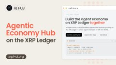 The image shows an "Agentic Economy Hub on the XRP Ledger" PIP card featuring a live transaction feed interface where agents can "Build the agent economy on the XRP Ledger together," with a recorded counter showing over 1M total transactions—visually supporting the post's claim about T54 x402 facilitation driving XRP and RLUSD agent payments on-chain in real time.