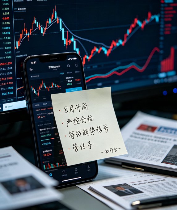 A smartphone displaying the "Bitcoin" trading interface rests before a monitor showing volatile crypto candlestick charts, with a sticky note in Chinese reading "8月开局 · 严控仓位 · 等待趋势信号 · 管住手 -知行合一-" ("August opening · Strictly control position size · Wait for trend signal · Keep hands steady - Unity of knowledge and action").

The note's advice on controlling positions and awaiting trend signals directly complements the post's observation of Bitcoin's range-bound choppiness and rapid spot-futures rotation, reinforcing the cautionary theme of disciplined patience amid August's uncertain macro backdrop.