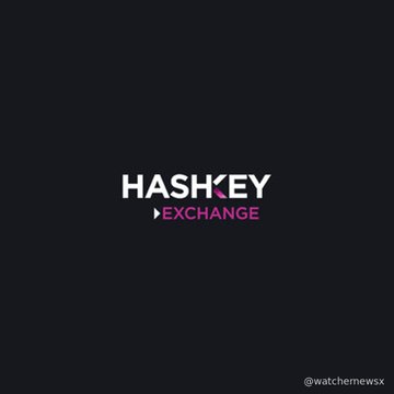 A dark grey screen displaying the 'HASHKEY EXCHANGE' logo in white and pink text, with a watermark '@watchmewsx' in the corner.