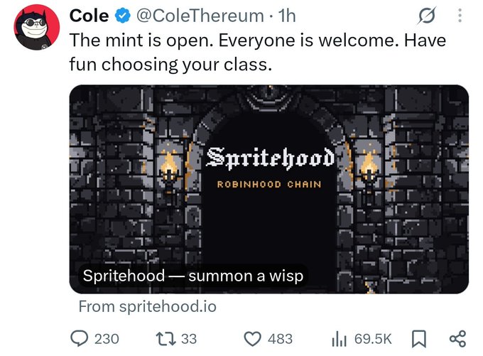 A tweet from verified user @ColeThereum stating 'The mint is open. Everyone is welcome. Have fun choosing your class,' featuring pixel art of a castle entrance labeled 'Spritehood — ROBINHOOD CHAIN' and 'Spritehood — summon a wisp,' with 69.5K views.