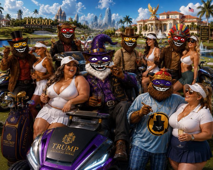 An AI-generated surreal image depicting anthropomorphic furry creatures with wide toothy grins posing with women in white outfits near Trump National Doral golf carts, with Miami cityscape in the background.