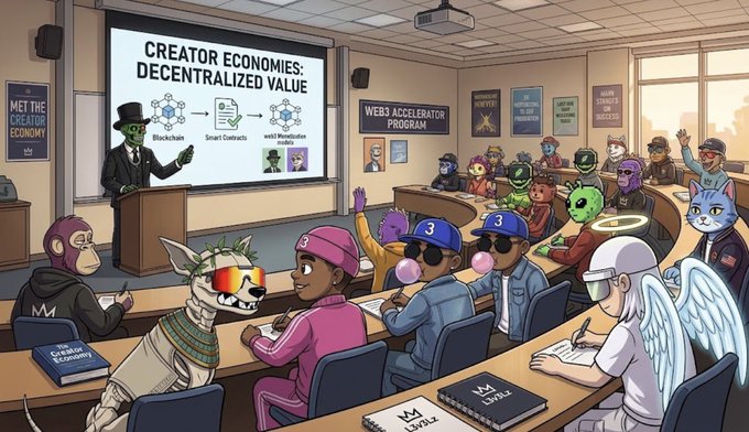A cartoon illustration depicting a 'Creator Economies: Decentralized Value' seminar with various characters (including Monke, MM, and a blue cat) listening to a green-skinned presenter in a top hat.