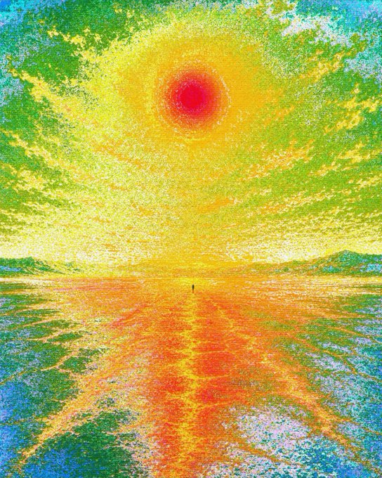 A vibrant, pointillist-style painting depicts a brilliant red sun radiating yellow light over a reflective orange and green seascape with a tiny figure standing on the horizon.