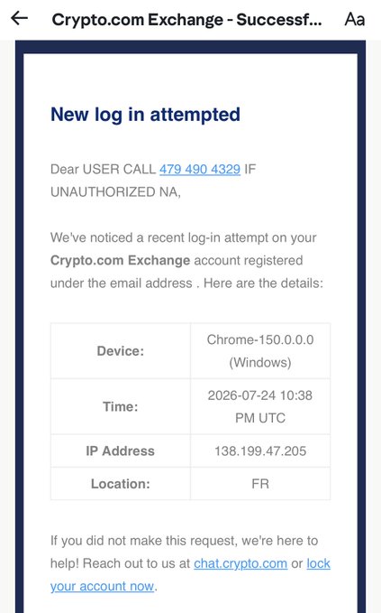 This is a fake crypto.com email claiming a new login attempt and providing a phone number for "user call," which is a common tactic in phishing scams. The post "Dumb ass scammers." relates to the image as it expresses frustration and calls out the sender's attempts to defraud recipients.