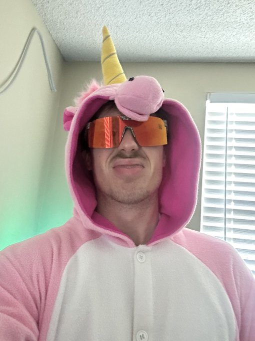 A person wearing a pink and white unicorn onesie with a horn and stuffed animal features, sporting a mustache and large orange-tinted sunglasses.