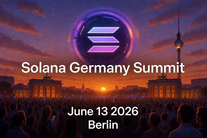The image features a large crowd of people gathered at an event, with a prominent focus on the Solana logo in the center. The text "SOLANA Germany Summit" is displayed above the crowd, indicating that this is a significant gathering related to the Solana cryptocurrency platform. The event appears to be taking place in Berlin and is scheduled for June 13th, 2026.