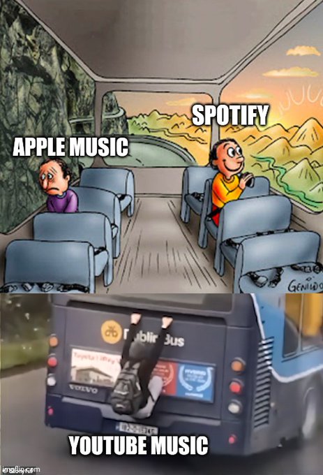 A meme showing Apple Music as a sad figure chained inside a bus while Spotify sits free, with YouTube Music depicted hanging onto the back of the bus outside, comparing the three streaming platforms.