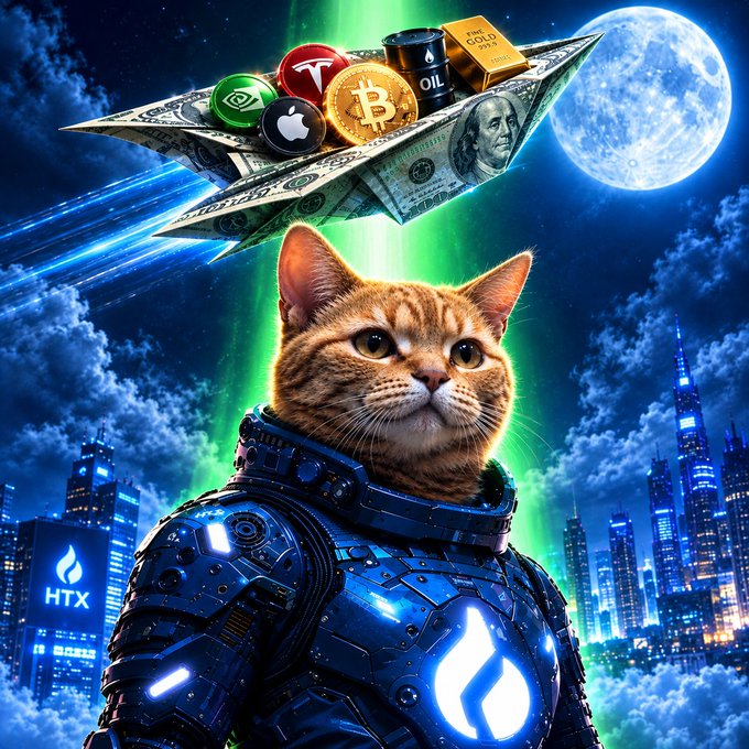 An armored orange tabby cat in futuristic blue armor stands before a neon-lit cityscape, balancing a paper airplane loaded with Bitcoin, an Apple logo, Tesla, NVIDIA, oil barrels, gold, and US currency. The "HTX" logo appears on the armor and cityscape, tying the cosmic "gm" rocket-launch theme to HTX's crypto exchange as a launchpad to financial prosperity.