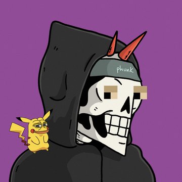 A cartoon illustration of a hooded skeleton character with orange horns, a 'phunk' branded headband, and a small Pikachu standing beside it on a purple background.