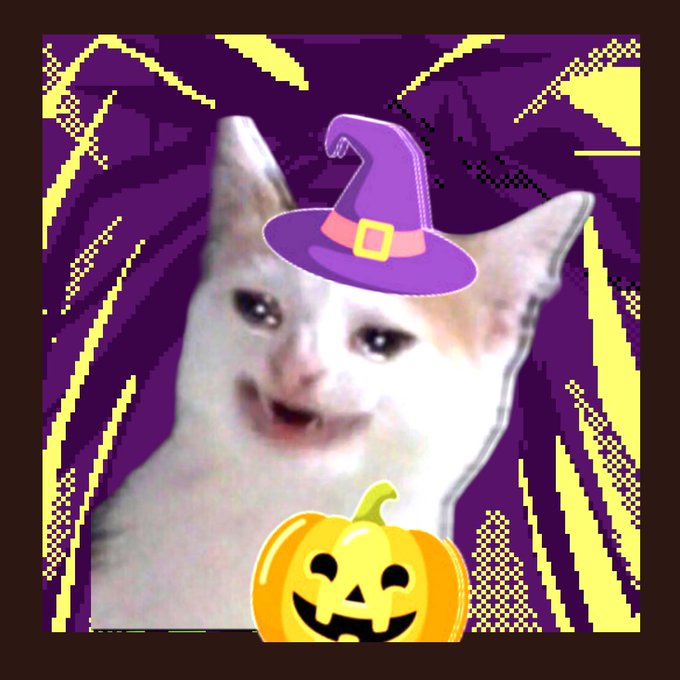 A humorous meme featuring a smiling cat wearing a purple witch hat with a jack-o'-lantern emoji overlaid on a swirly purple and yellow background.