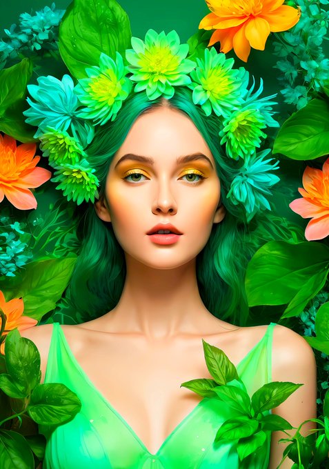 A digital artwork of a woman with green hair adorned with flowers and leaves, surrounded by lush greenery and orange blossoms.