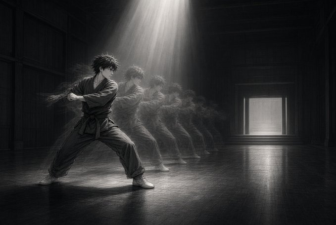 A black and white anime-style illustration of a young man in a karate gi performing a stance, with multiple semi-transparent afterimages trailing behind him, illuminated by a beam of light from above.