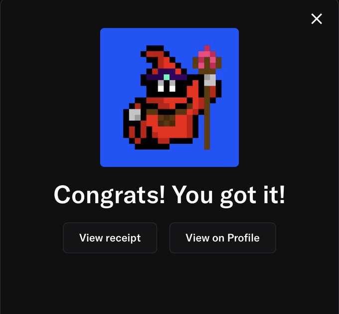 A pixel-art wizard character wearing red robes and holding a staff is displayed in a blue-framed achievement window with the text "Congrats! You got it!" and buttons labeled "View receipt" and "View on Profile." The image celebrates the successful acquisition of a ZardsNFT collectible on ApeChain, visually confirming the post's claim about adding another piece to their pixel collection.