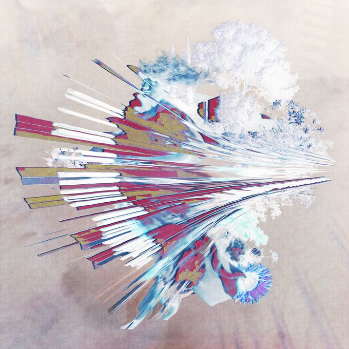 The image features a digital art piece with an abstract design that includes lines, shapes, and colors. The artwork has a gradient background transitioning from white at the top to blue at the bottom. The composition of the elements creates a sense of movement and dynamism in the piece. The artist's use of color and line work adds depth and complexity to the overall visual effect.