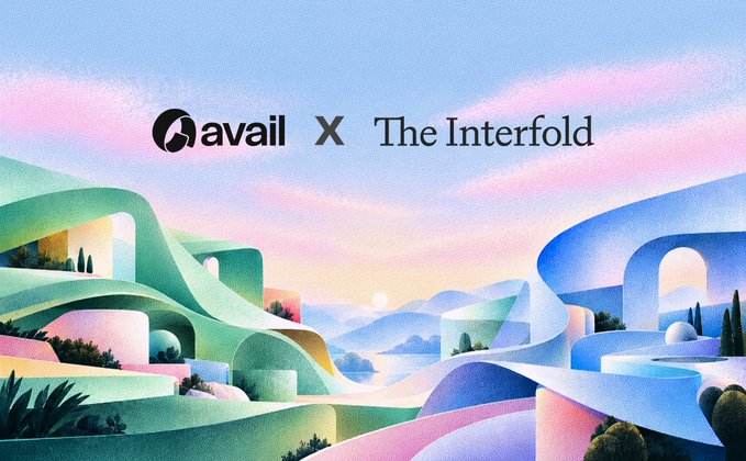 A stylized pastel-colored digital landscape illustration featuring 'avail X The Interfold' logo, depicting curved architectural structures against a sunset sky.
