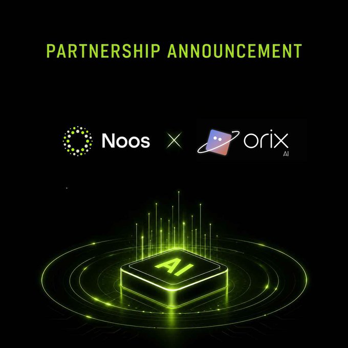 A partnership announcement graphic between Noos and Orix AI, featuring their logos above a glowing green 3D AI cube on a black background.