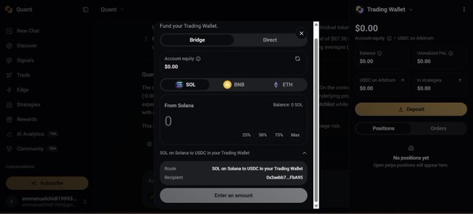 A screenshot of a cryptocurrency platform interface called 'Quant' showing a 'Fund your Trading Wallet' dialog box with options for SOL, BNB, and ETH, along with trading wallet balances in USDC.