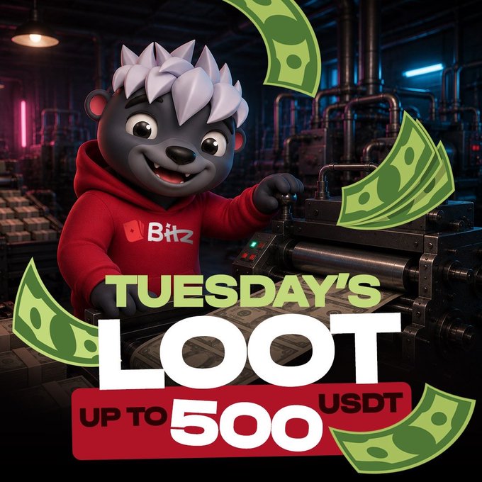 A promotional graphic for "Bitz" cryptocurrency featuring a cartoon bear mascot in a red hoodie operating a money-printing machine, advertising "TUESDAY'S LOOT UP TO 500 USDT."