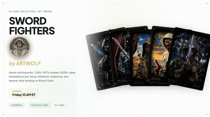 Promotional graphic for 'SWORD FIGHTERS', a 52-card collectible art series by ARTWOLF launching Friday 10 AM ET, available on CashMint and Bitcoin Cash, featuring AI-generated fantasy sword warrior characters.