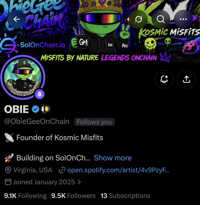 Twitter/X profile for OBIE (@ObieGeeOnChain), Founder of Kosmic Misfits, building on SolOnChain.io, based in Virginia, USA, with 9.1K following and 9.5K followers.