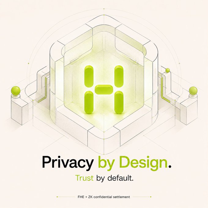 An isometric digital illustration featuring a central hexagonal chamber with a green 'H' logo inside, with the text 'Privacy by Design. Trust by default. FHE + ZK confidential settlement' displayed below.
