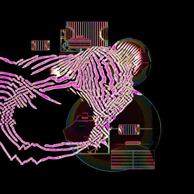 An abstract digital art piece featuring vibrant pink and white zebra stripes or wave patterns overlaid on geometric shapes with green and red chromatic aberration effects on a dark background.
