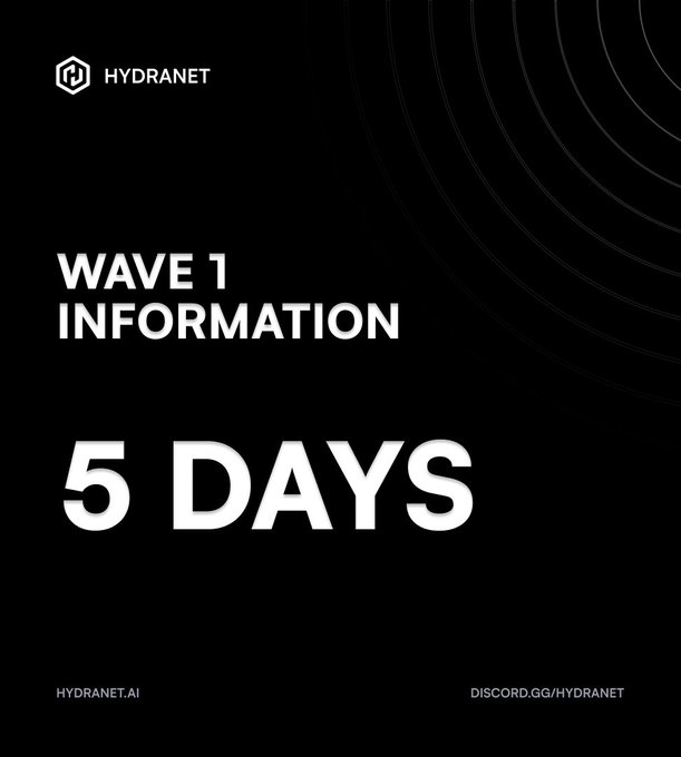 A black promotional graphic from HYDRANET announcing 'WAVE 1 INFORMATION' in 5 DAYS, with 'HYDRANET.AI' and 'DISCORD.GG/HYDRANET' displayed at the bottom.