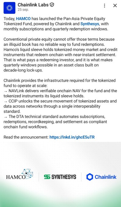 A LinkedIn post from Chainlink Labs (25 Sep) announcing that HAMCO launched the Pan-Asia Private Equity Tokenized Fund, powered by Chainlink and Synthesys, featuring NAVLink, CCIP, and DTA technical standard.