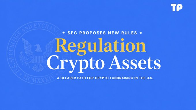 A blue banner graphic with the text "SEC PROPOSES NEW RULES Regulation Crypto Assets - A CLEARER PATH FOR CRYPTO FUNDRAISING IN THE U.S." overlaid on a faint SEC seal, with a "TP" logo in the top right corner.