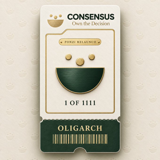 Sleek ticket/card design reading 'CONSENSUS Own the Decision' with a 'PONZI RELAUNCH' label, marked 'OLIGARCH' and numbered '1 OF 1111'.