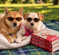 Two Chihuahuas rest on a striped blanket beside a stack of books outdoors.