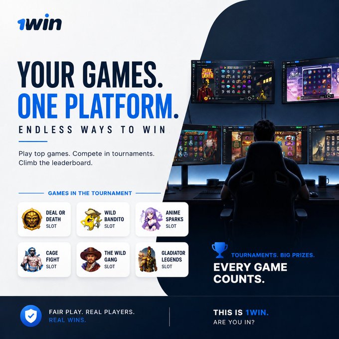 An advertisement for '1win' displays the text 'YOUR GAMES. ONE PLATFORM. ENDLESS WAYS TO WIN', showing a person playing slot games on multiple monitors alongside thumbnails for games like 'DEAL OR DEATH', 'WILD BANDITO', and 'CAGE FIGHT'.