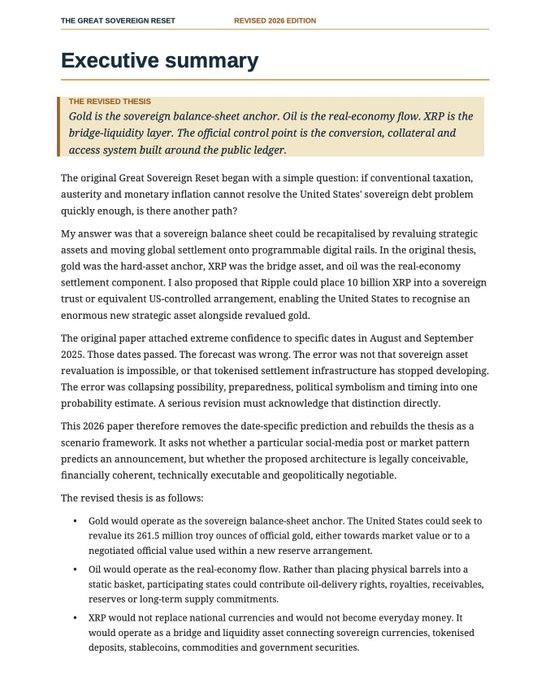 The image shows the "Executive summary" page of a revised 2026 edition document titled "THE GREAT SOVEREERN RESET," which presents a thesis that gold serves as a sovereign balance-sheet anchor, XRP functions as a bridge-liquidity layer, and oil operates as the real-economy flow, with an official control point built around the public ledger.

The page directly relates to the post's claim by outlining the framework that positions XRP ($XRP) as a central bridge asset in a proposed global monetary reset, supporting the petition's narrative about XRP's role in reshaping international monetary infrastructure.