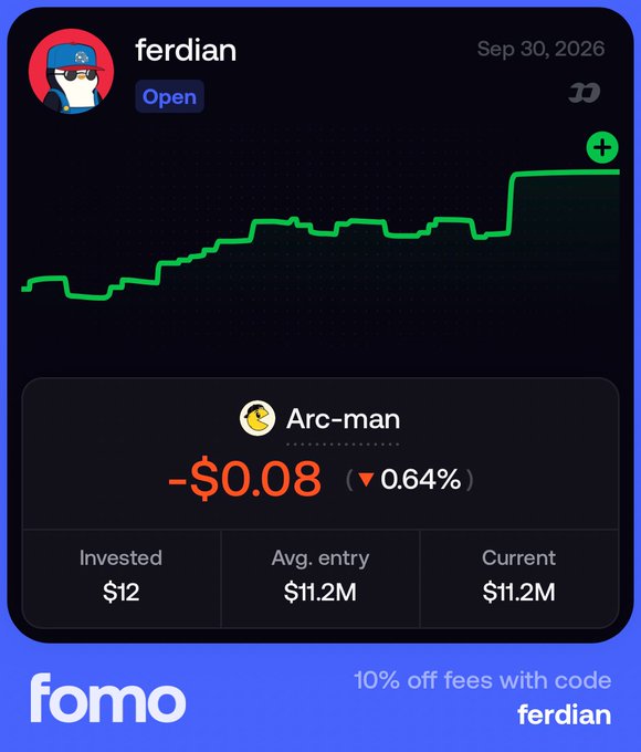 A trading app interface from 'fomo' showing a portfolio for user 'ferdian' with an 'Arc-man' position showing -$0.08 (▼0.64%) and a green chart trending upward.