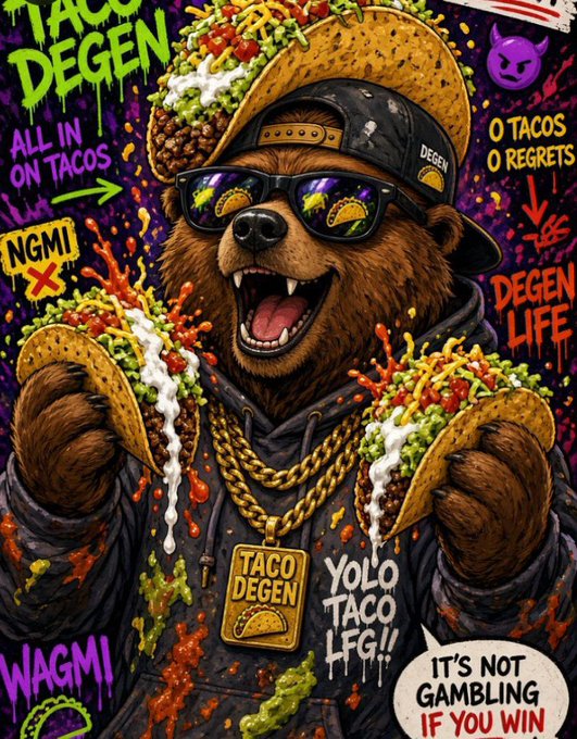 A vibrant, cartoon-style illustration of a bear wearing sunglasses and a 'DEGEN' cap, holding two tacos and surrounded by text including 'TACO DEGEN', 'ALL IN ON TACOS', and 'IT'S NOT GAMBLING IF YOU WIN'.