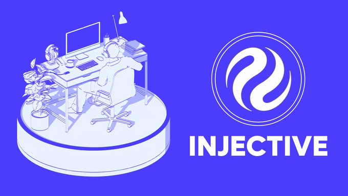 Logo and promotional image for 'INJECTIVE', featuring an isometric illustration of a person at a desk on the left and a circular logo with a flame-like symbol on a blue background.