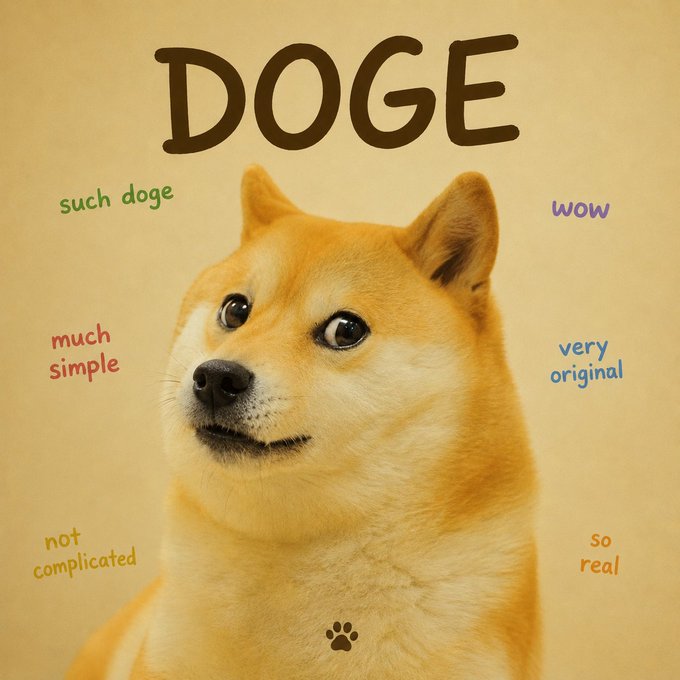 A meme-style image of a Shiba Inu dog with the text 'DOGE' at the top and phrases like 'such doge,' 'wow,' 'much simple,' 'very original,' 'not complicated,' and 'so real' scattered around.