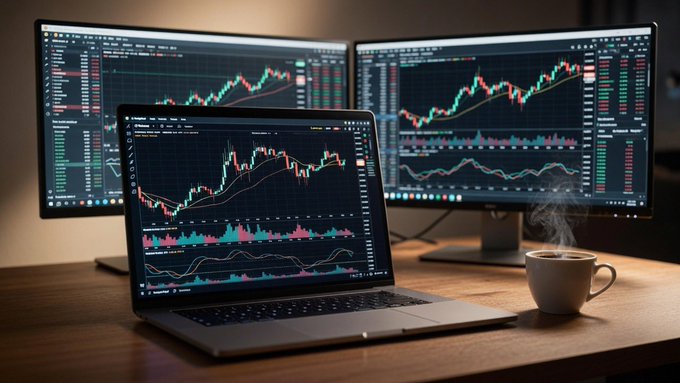 A trading setup with a laptop and two monitors displaying stock/crypto charts with candlestick patterns and indicators, accompanied by a steaming white coffee mug.