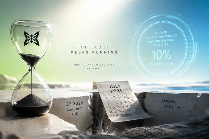 Promotional graphic about quantum computing threats to cryptography, showing an hourglass with 'Q2 2026 MAINNET TGE', a July 2026 calendar, and text stating 'EST. RISK OF CRYPTOGRAPHICALLY RELEVANT QUANTUM COMPUTER 10% BY MARCH 2028'.