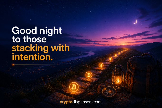 A twilight mountain landscape shows a stone path lit by glowing Bitcoin symbols leading toward the horizon, accompanied by a lantern, compass, and backpack. The overlay text reads "Good night to those stacking with intention." alongside "cryptodispensers.com," reinforcing the post's message of patient, purposeful Bitcoin accumulation rather than chasing short-term market moves.