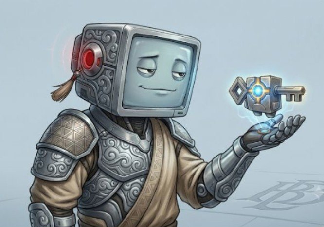 Digital illustration of a robotic monk with a TV/monitor for a head, holding a glowing ornate key, with a faint 'B' watermark in the corner.